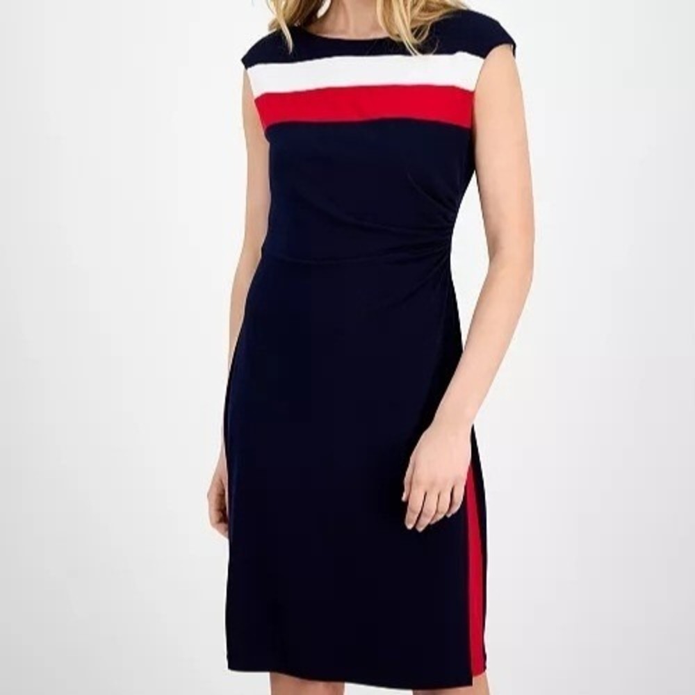 Connected Apparel Sleeveless Tri Tone Sheath Round Neck Dress Womens Size 10 NWT